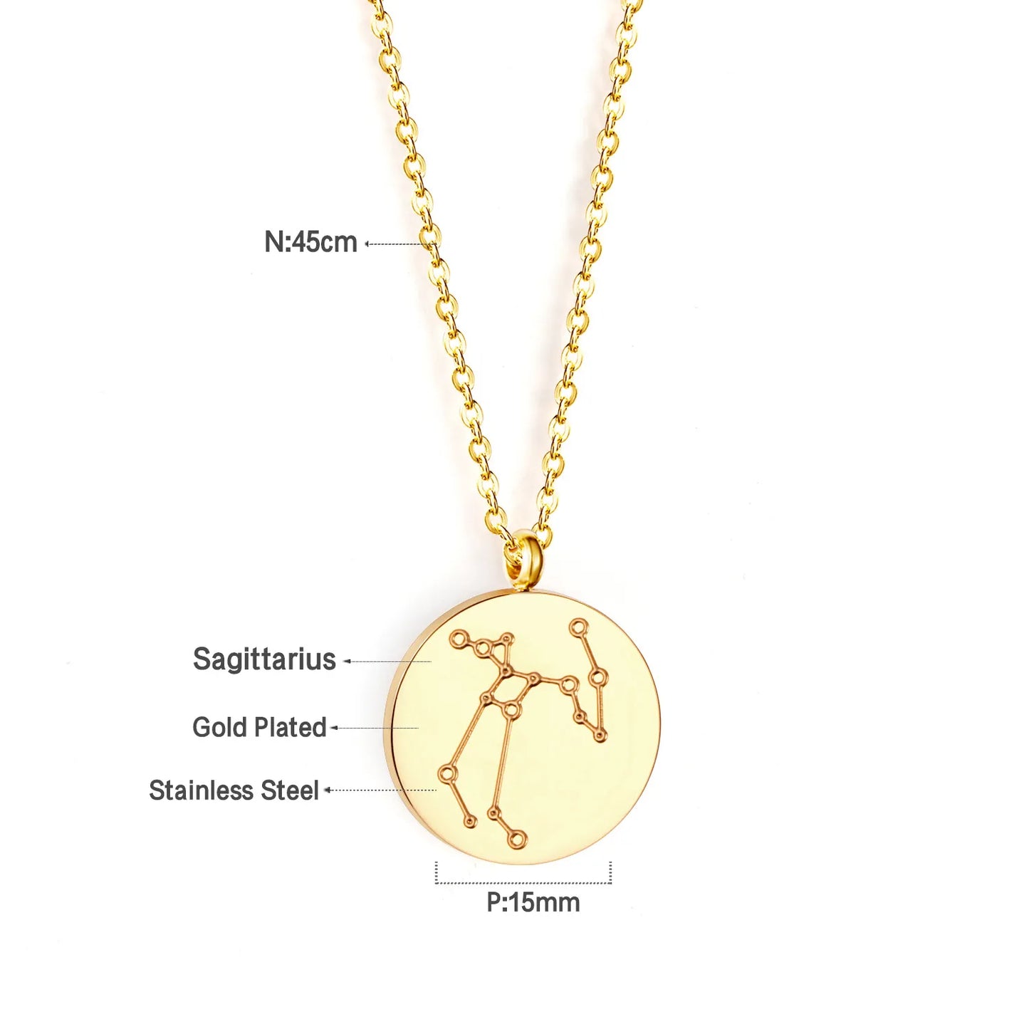 Wholesale 15mm Zodiac Constellation Pendant Necklace | 12 Astrology Star Chart Charm | 45cm Gold & Steel Chain