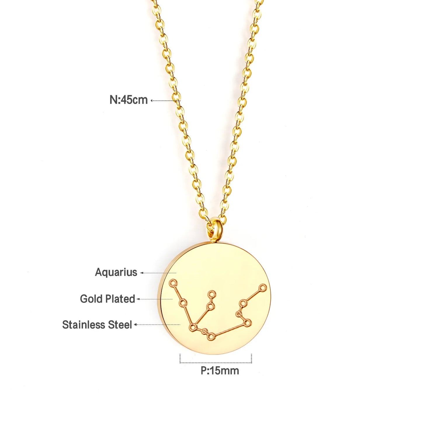 Wholesale 15mm Zodiac Constellation Pendant Necklace | 12 Astrology Star Chart Charm | 45cm Gold & Steel Chain