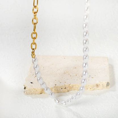 Wholesale 7x5mm Rice Pearl Chain Necklace | 42+5cm Gold-plated Pearl Jewelry | Classic Elegant Necklace Set