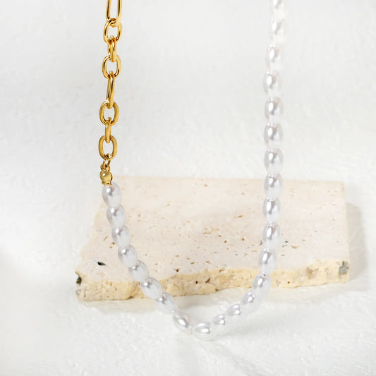 Wholesale 7x5mm Rice Pearl Chain Necklace | 42+5cm Gold-plated Pearl Jewelry | Classic Elegant Necklace Set