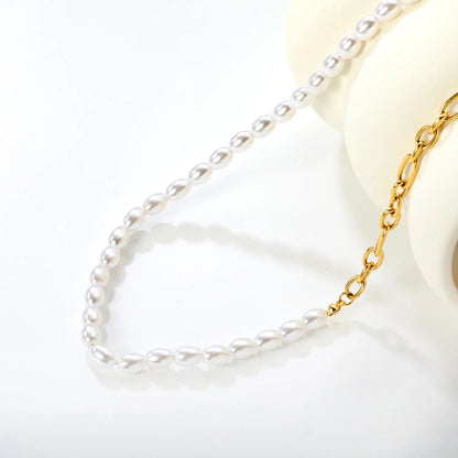 Wholesale 7x5mm Rice Pearl Chain Necklace | 42+5cm Gold-plated Pearl Jewelry | Classic Elegant Necklace Set