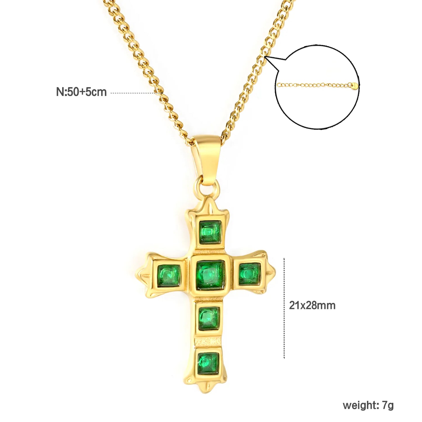 ✝️ Wholesale 21x28mm Cross Pendant with Emerald Zircon | 50+5cm Gold plated Necklace for Jewelry Retailers