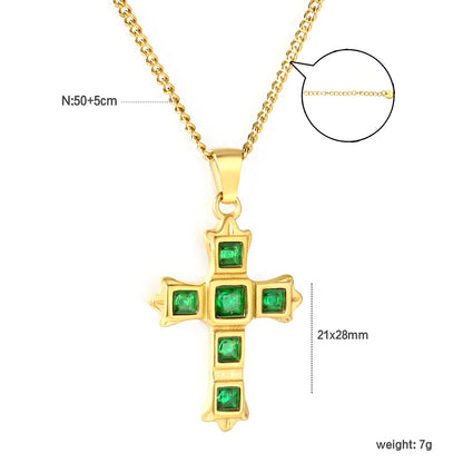 ✝️ Wholesale 21x28mm Cross Pendant with Emerald Zircon | 50+5cm Gold plated Necklace for Jewelry Retailers