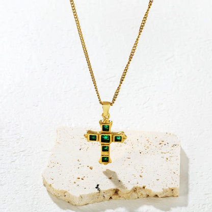✝️ Wholesale 21x28mm Cross Pendant with Emerald Zircon | 50+5cm Gold plated Necklace for Jewelry Retailers