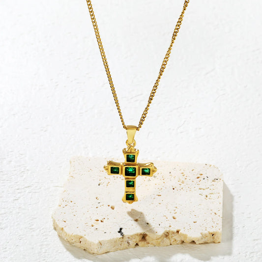 ✝️ Wholesale 21x28mm Cross Pendant with Emerald Zircon | 50+5cm Gold plated Necklace for Jewelry Retailers