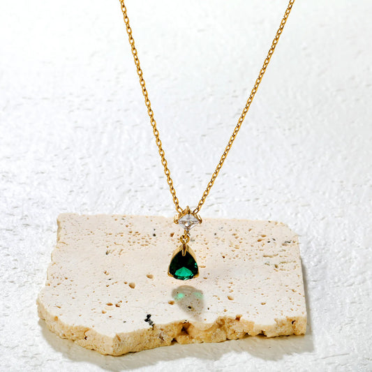 ✨ Wholesale Blue/Emerald Zircon Necklace | Teardrop and Square Double Stone Pendant | 45+5cm Adjustable Gold Chain | Hypoallergenic Statement Necklace