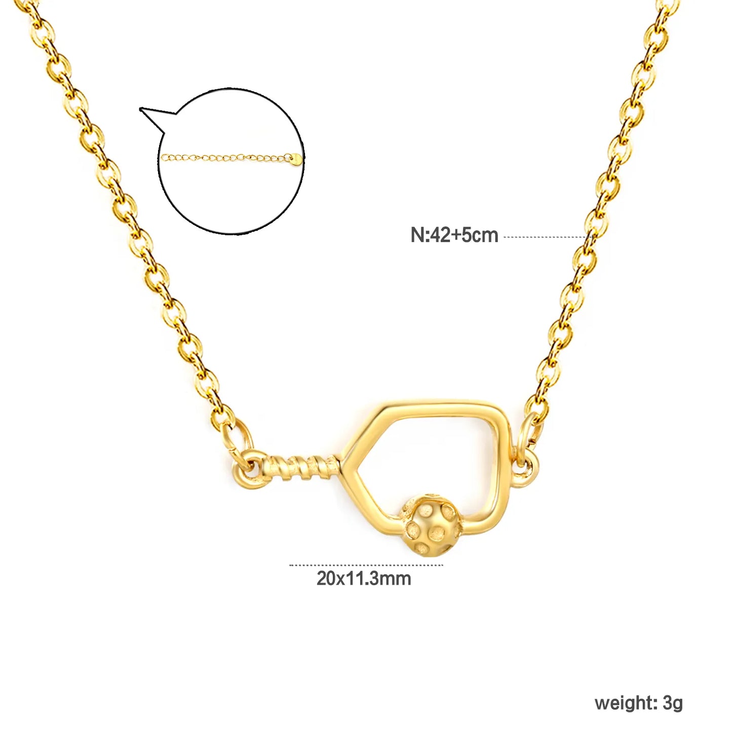 🎾✨ Tennis Racket Pendant Necklace | 20x11.3mm Racket & Ball Charm with 6mm Coin | Gold Plated Stainless Steel Chain 42+5cm | Sports Jewelry Wholesale