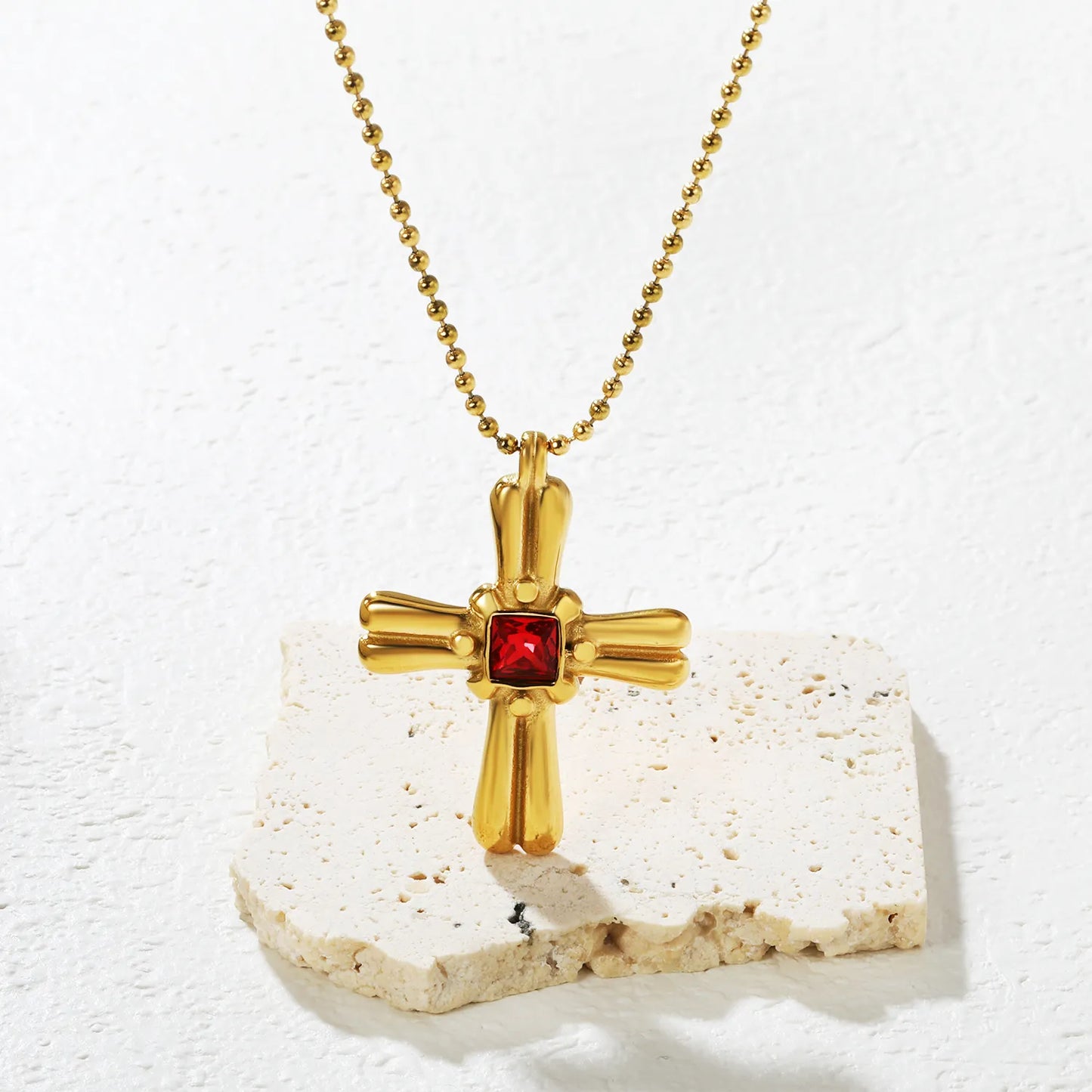 ✨ Wholesale 18k gold plated 31x42mm Red Zircon Cross Pendant Necklace | 3mm Gold Bead Chain 50+5cm Statement Jewelry