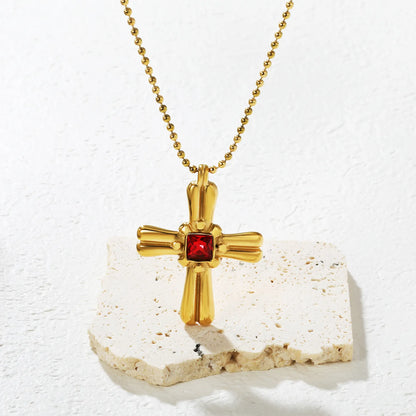 ✨ Wholesale 18k gold plated 31x42mm Red Zircon Cross Pendant Necklace | 3mm Gold Bead Chain 50+5cm Statement Jewelry