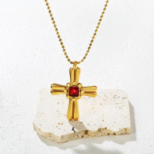 ✨ Wholesale 18k gold plated 31x42mm Red Zircon Cross Pendant Necklace | 3mm Gold Bead Chain 50+5cm Statement Jewelry