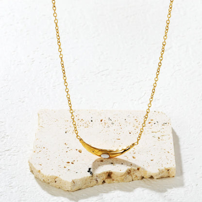 ✨ Wholesale Gold Stainless Steel Banana Pendant Necklace | 4x25mm Pendant with White Gemstone, 0.3mm Cross Chain 42+5cm + 6mm Round Tag