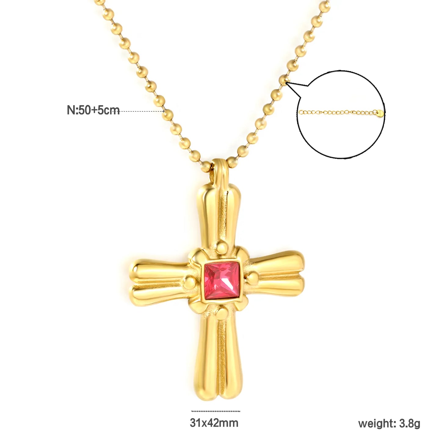 ✨ Wholesale 18k gold plated 31x42mm Red Zircon Cross Pendant Necklace | 3mm Gold Bead Chain 50+5cm Statement Jewelry