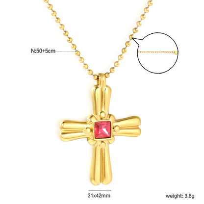 ✨ Wholesale 18k gold plated 31x42mm Red Zircon Cross Pendant Necklace | 3mm Gold Bead Chain 50+5cm Statement Jewelry