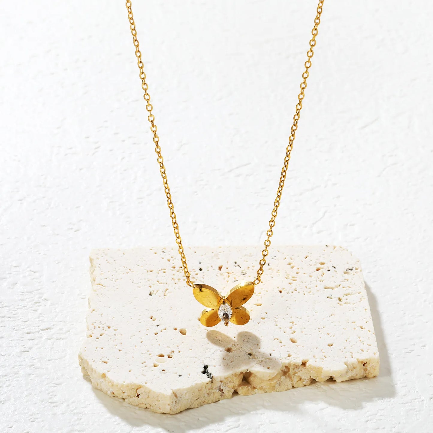✨🦋 Wholesale Butterfly Pendant Necklace with White Zircon | 13.4x11.8mm 18k Gold plated Stainless Steel