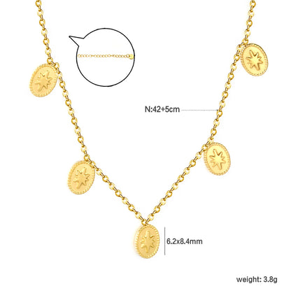 ✨ Wholesale Gold Stainless Steel Ellipse Charm Necklace | 6.2x8.4mm Oval Pendant, 0.3mm Cross Chain 42+5cm with 6mm Round Tag
