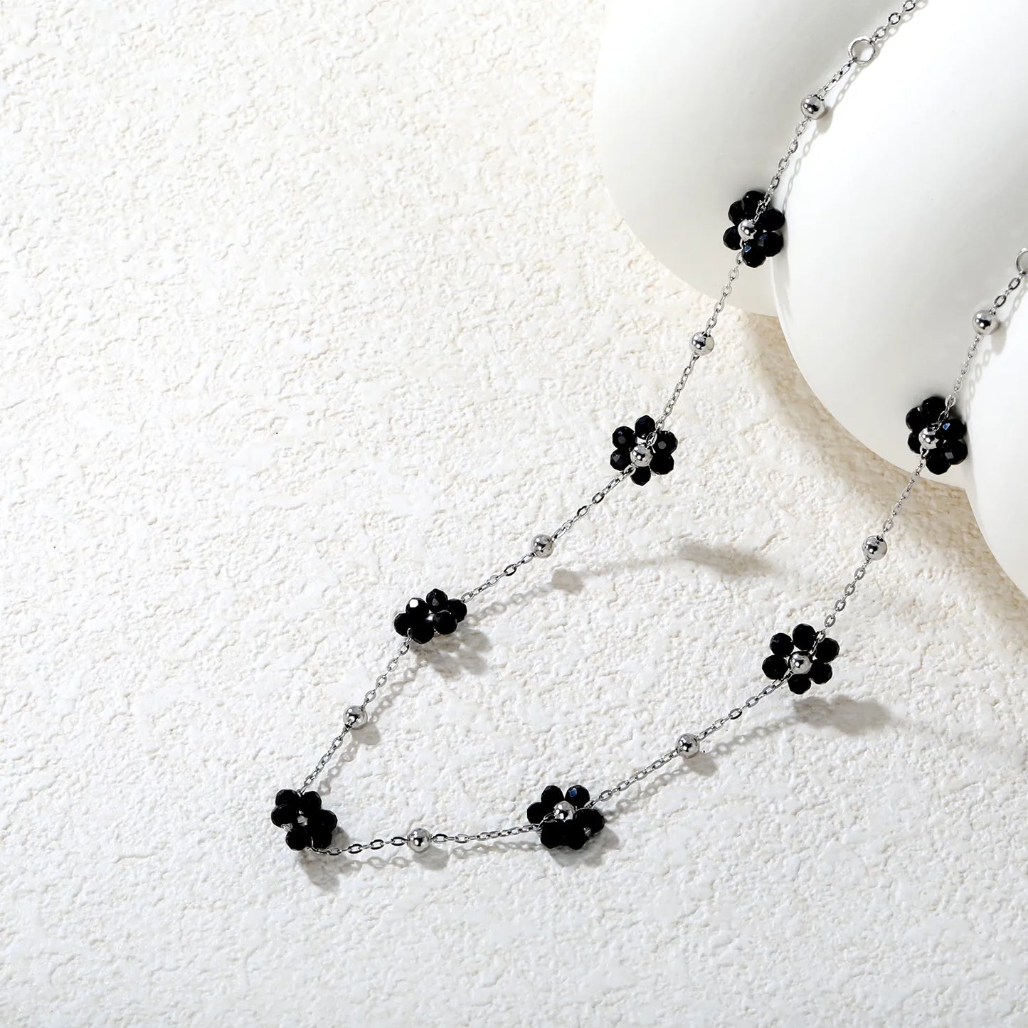 ✨ Wholesale PVD 18k Gold Black Zircon Flower Bead Necklace | 8x8.6mm Gold & Steel 3mm Chain 45cm