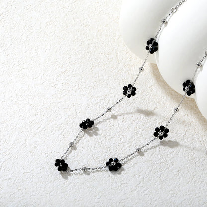 ✨ Wholesale PVD 18k Gold Black Zircon Flower Bead Necklace | 8x8.6mm Gold & Steel 3mm Chain 45cm
