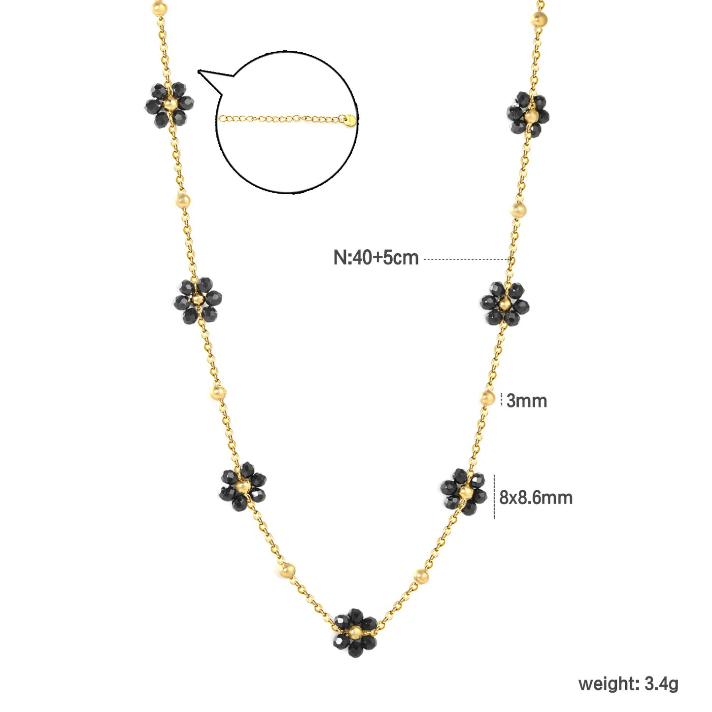 ✨ Wholesale PVD 18k Gold Black Zircon Flower Bead Necklace | 8x8.6mm Gold & Steel 3mm Chain 45cm