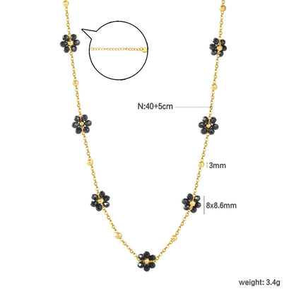 ✨ Wholesale PVD 18k Gold Black Zircon Flower Bead Necklace | 8x8.6mm Gold & Steel 3mm Chain 45cm