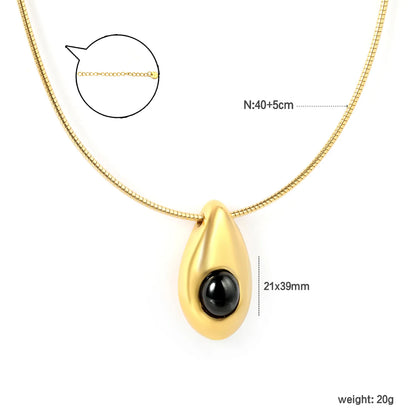 ✨ Wholesale PVD 18k gold 21x39mm Teardrop Black Resin Pendant Necklace | Gold Snake Chain 40+5cm Natural Stone