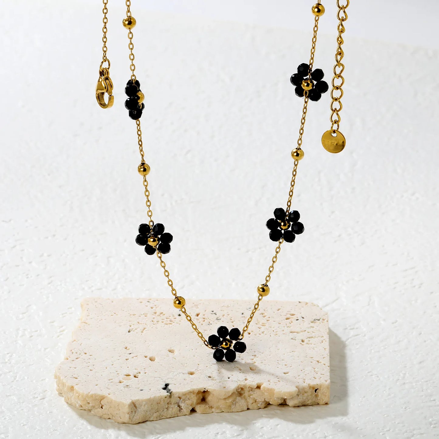 ✨ Wholesale PVD 18k Gold Black Zircon Flower Bead Necklace | 8x8.6mm Gold & Steel 3mm Chain 45cm