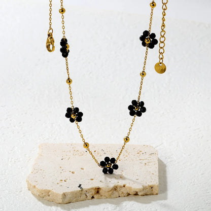 ✨ Wholesale PVD 18k Gold Black Zircon Flower Bead Necklace | 8x8.6mm Gold & Steel 3mm Chain 45cm