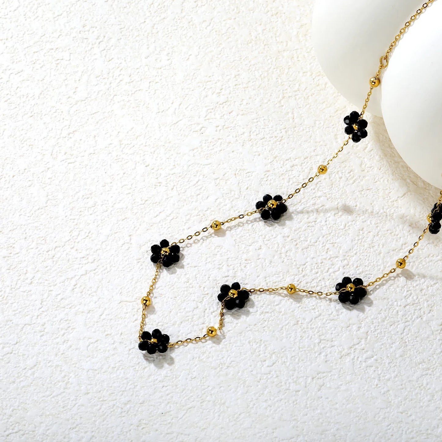 ✨ Wholesale PVD 18k Gold Black Zircon Flower Bead Necklace | 8x8.6mm Gold & Steel 3mm Chain 45cm