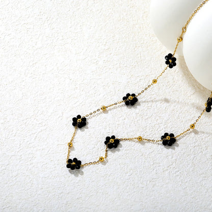 ✨ Wholesale PVD 18k Gold Black Zircon Flower Bead Necklace | 8x8.6mm Gold & Steel 3mm Chain 45cm