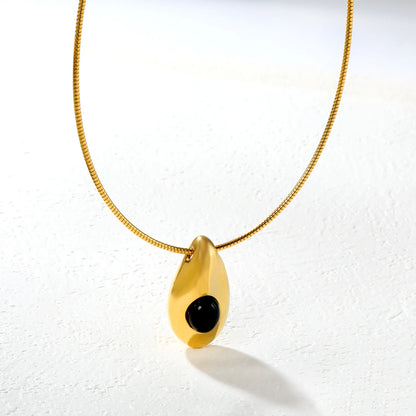 ✨ Wholesale PVD 18k gold 21x39mm Teardrop Black Resin Pendant Necklace | Gold Snake Chain 40+5cm Natural Stone