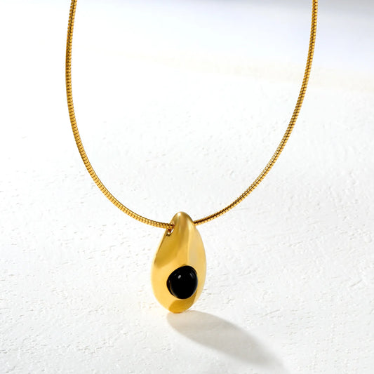 ✨ Wholesale PVD 18k gold 21x39mm Teardrop Black Resin Pendant Necklace | Gold Snake Chain 40+5cm Natural Stone