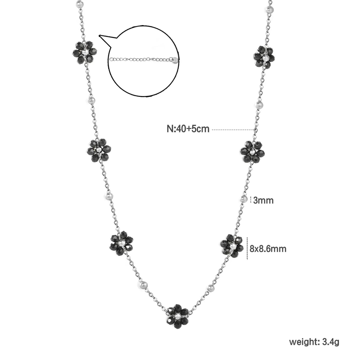 ✨ Wholesale PVD 18k Gold Black Zircon Flower Bead Necklace | 8x8.6mm Gold & Steel 3mm Chain 45cm
