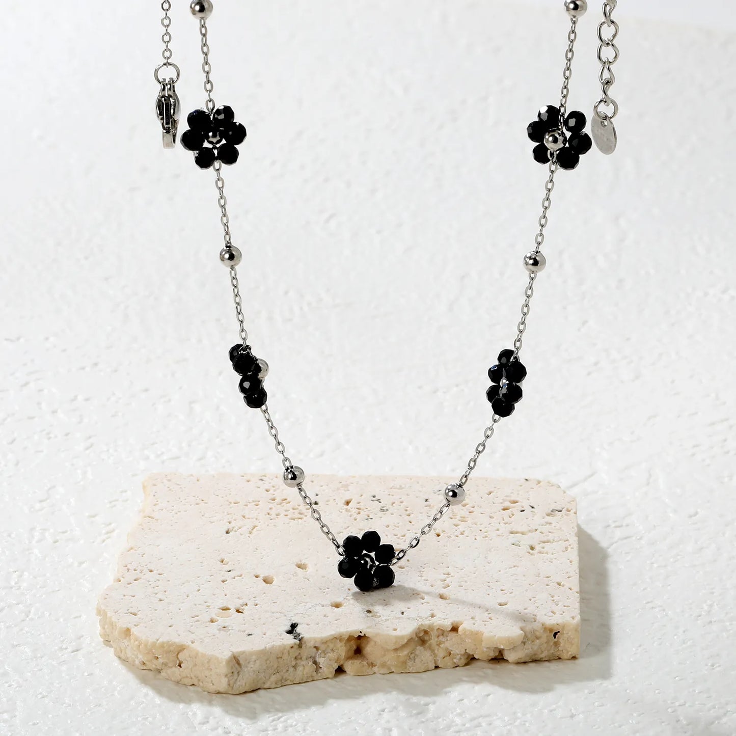 ✨ Wholesale PVD 18k Gold Black Zircon Flower Bead Necklace | 8x8.6mm Gold & Steel 3mm Chain 45cm