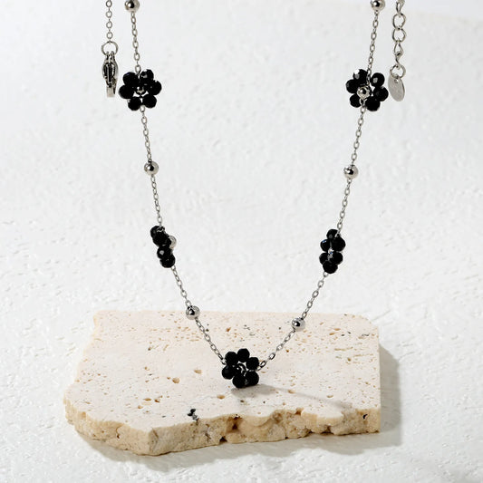 ✨ Wholesale PVD 18k Gold Black Zircon Flower Bead Necklace | 8x8.6mm Gold & Steel 3mm Chain 45cm