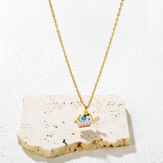 ✨🐘 Wholesale Elephant Necklace with White Enamel | Lucky Animal Pendant | Gold Plated Stainless Steel Chain 40+5cm | Cultural Symbol Jewelry Bulk