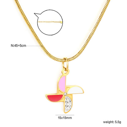 ✨ Wholesale Gold Stainless Steel Windmill Pendant Necklace | 15x15mm Pinwheel Charm with White Zirconia, 0.3mm Cross Chain 45+5cm + Round Tag