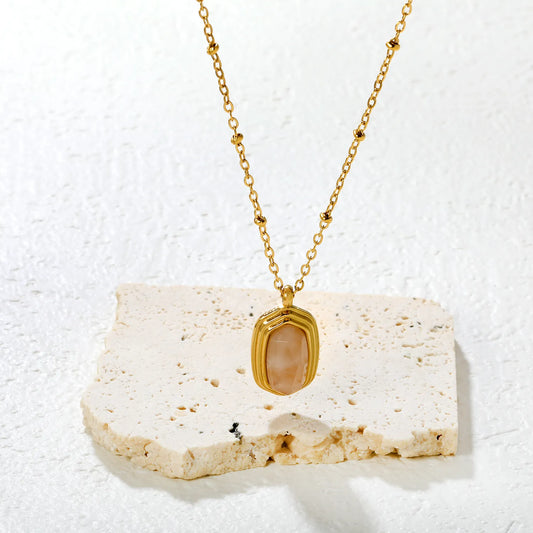 ✨ Wholesale 12.6x19mm Pink Resin Hexagon Pendant Necklace | Gold Plated Stainless Steel 40+5cm Chain