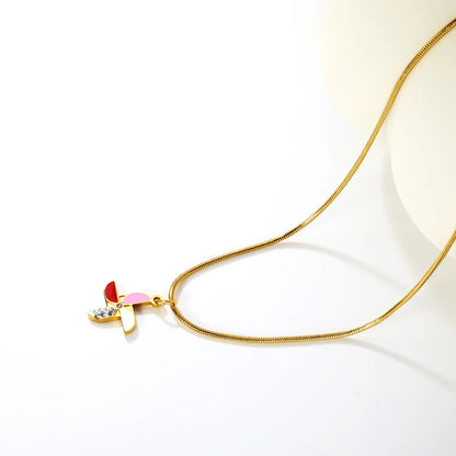 ✨ Wholesale Gold Stainless Steel Windmill Pendant Necklace | 15x15mm Pinwheel Charm with White Zirconia, 0.3mm Cross Chain 45+5cm + Round Tag