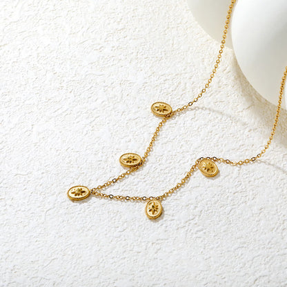 ✨ Wholesale Gold Stainless Steel Ellipse Charm Necklace | 6.2x8.4mm Oval Pendant, 0.3mm Cross Chain 42+5cm with 6mm Round Tag