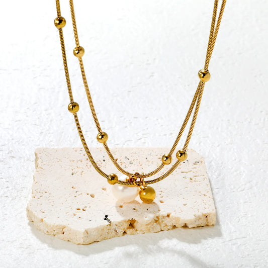 ✨ Wholesale 18k gold plated Pearl & Gold Bead Double Pendant Necklace | 10mm Pearl 6mm Bead 45cm