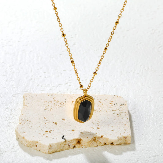 ✨ Wholesale 18k gold plated 12.6x19mm Black Zircon Hexagon Pendant Necklace | Gold Stainless Steel Chain 40+5cm