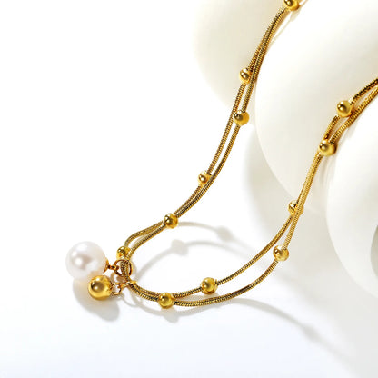 ✨ Wholesale 18k gold plated Pearl & Gold Bead Double Pendant Necklace | 10mm Pearl 6mm Bead 45cm