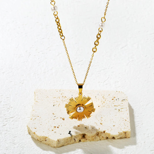 ✨ Wholesale 20x19.7mm Sunflower Pearl Pendant Necklace | Gold Plated 4mm Pearl Chain 40+5cm
