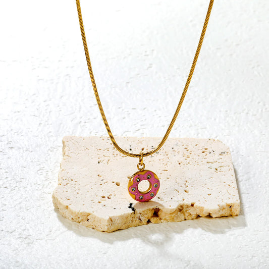 ✨🍩 Wholesale Donut Necklace with Zircon Stones | Pink Enamel Donut Charm 12mm | 45+5cm Adjustable Snake Chain | Cute Food Jewelry Bulk