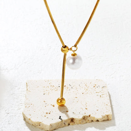 ✨ Wholesale Gold Stainless Steel Adjustable Chain Necklace | 13mm Artificial Pearls & 7mm Dual Ring Pendant, 65cm Lightweight Chain, 13.4g, Minimalist Jewelry Bulk