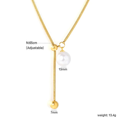 ✨ Wholesale Gold Stainless Steel Adjustable Chain Necklace | 13mm Artificial Pearls & 7mm Dual Ring Pendant, 65cm Lightweight Chain, 13.4g, Minimalist Jewelry Bulk