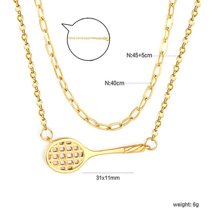 ✨🎾 Wholesale 18k gold plated 31x11mm Tennis Racket Pendant Double Chain Necklace | Gold Cross Link Choker & Long Chain