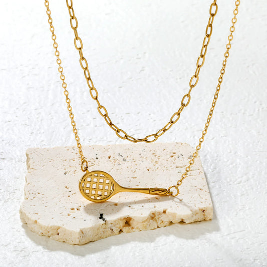 ✨🎾 Wholesale 18k gold plated 31x11mm Tennis Racket Pendant Double Chain Necklace | Gold Cross Link Choker & Long Chain