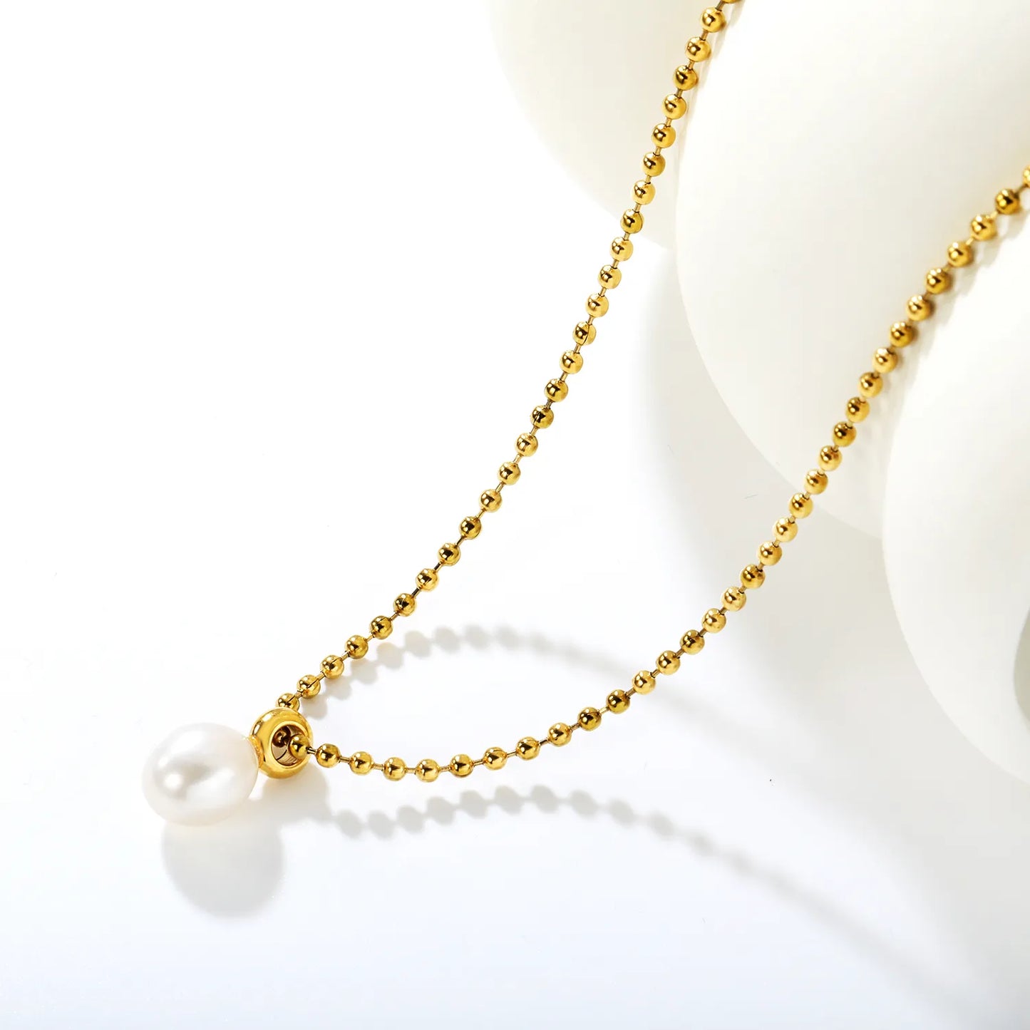 ✨ Wholesale PVD 18k gold 9x11mm Pearl Pendant Necklace | 2mm Gold Bead Chain 40+5cm Elegant Jewelry Bulk