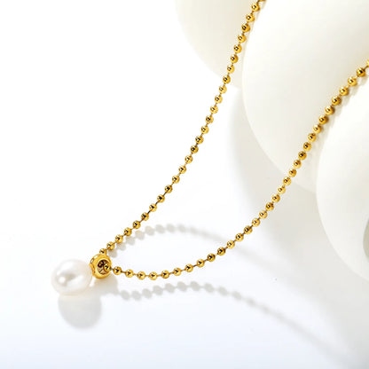 ✨ Wholesale PVD 18k gold 9x11mm Pearl Pendant Necklace | 2mm Gold Bead Chain 40+5cm Elegant Jewelry Bulk