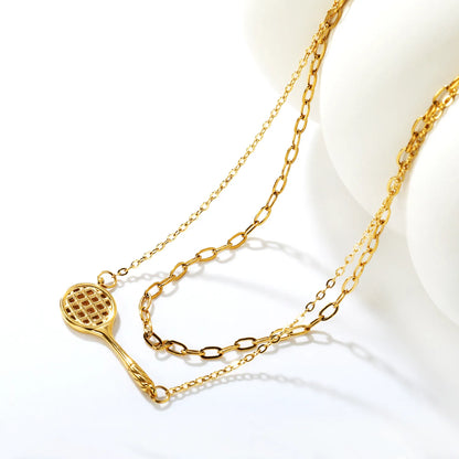 ✨🎾 Wholesale 18k gold plated 31x11mm Tennis Racket Pendant Double Chain Necklace | Gold Cross Link Choker & Long Chain